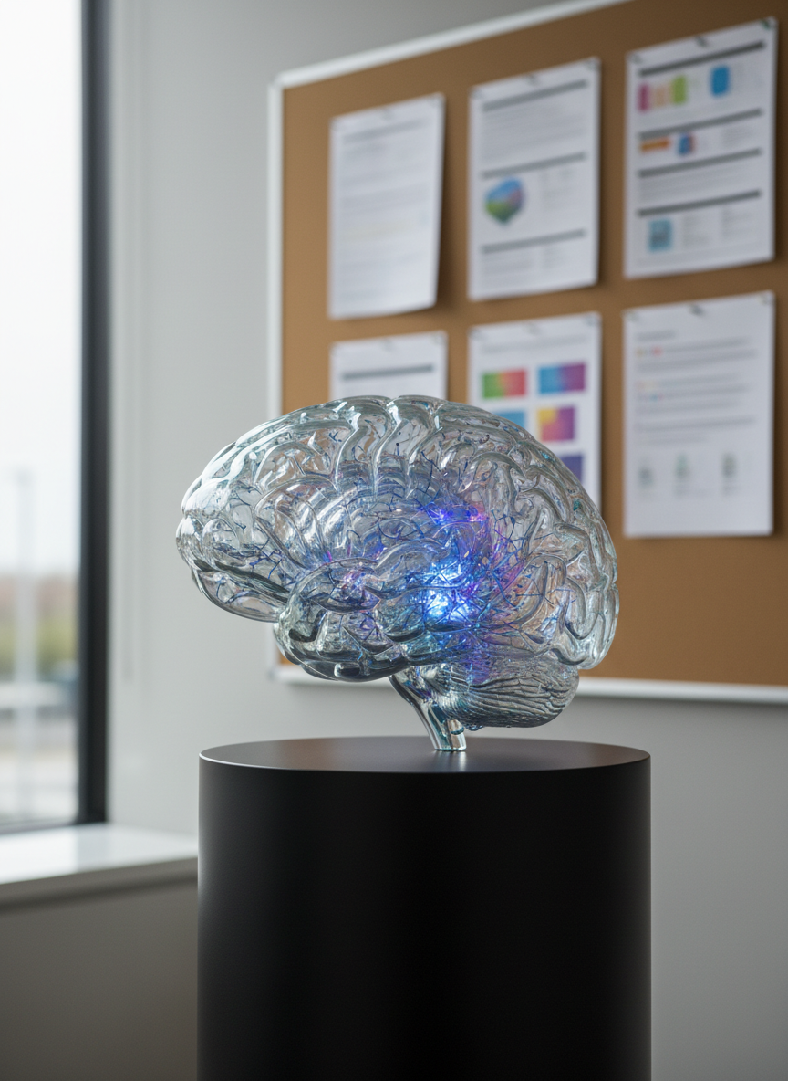 A close-up of a large, transparent glass brain sculpture resting on a matte black pedestal in a minimalist clinical office. Within the glass, subtle gradients of cool blues and purples trace intricate neural pathways, some glowing more intensely to suggest heightened emotional sensitivity. Behind the brain, a softly blurred corkboard holds color-coded, anonymous clinical diagrams and diagnostic criteria printed on white paper. Overcast window light filters in from the side, creating soft highlights and clean, professional shadows. Shot at slightly below eye-level in photographic realism, the composition uses the rule of thirds, with the glowing neural pathways drawing the eye. The mood is analytical yet compassionate, evoking careful study of borderline personality disorder in a modern, evidence-based setting, with no human figures present.