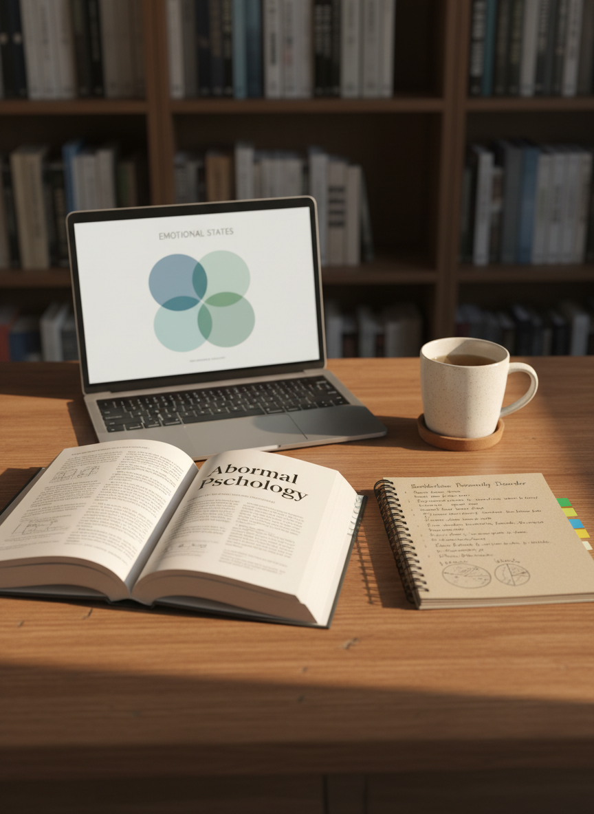 A neatly arranged wooden desk in a quiet study, featuring an open hardcover textbook on abnormal psychology beside a spiral-bound notebook filled with tidy, handwritten clinical notes and color-coded tabs. A slim silver laptop displays a simple, abstract diagram of overlapping emotional states, rendered in calming blues and muted teals. A ceramic mug of herbal tea rests on a cork coaster. Soft, diffused afternoon light enters from an unseen window, casting gentle shadows and subtle reflections on the smooth desk surface. Photographic realism at eye-level, with a shallow depth of field that keeps the central study materials sharply focused while the background shelves of neatly organized books blur into a calm, professional atmosphere, suggesting thoughtful learning about borderline personality disorder without showing any people.